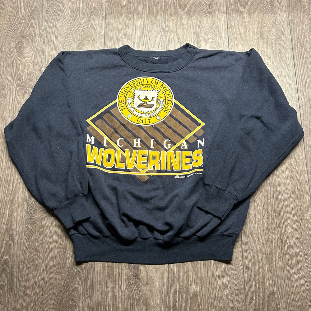 Vintage 1991 University of Michigan Wolverines Sweatshirt Navy Blue Mens L XL